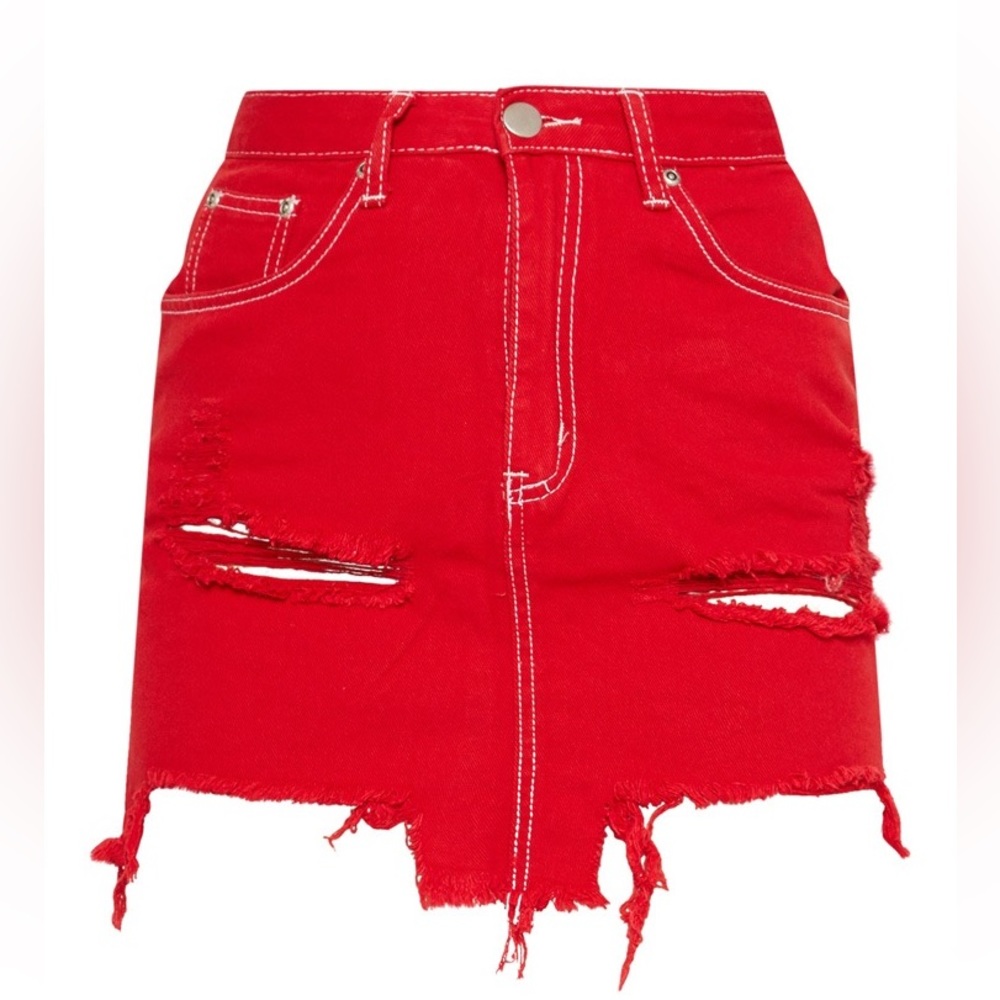 Red denim-like mini skirt